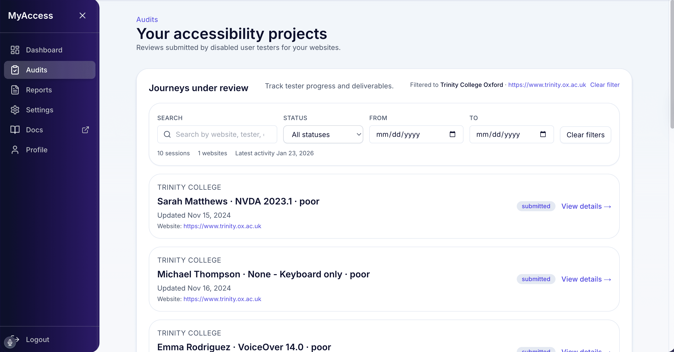 Filtered audits list grouped by report with tester sessions and statuses.