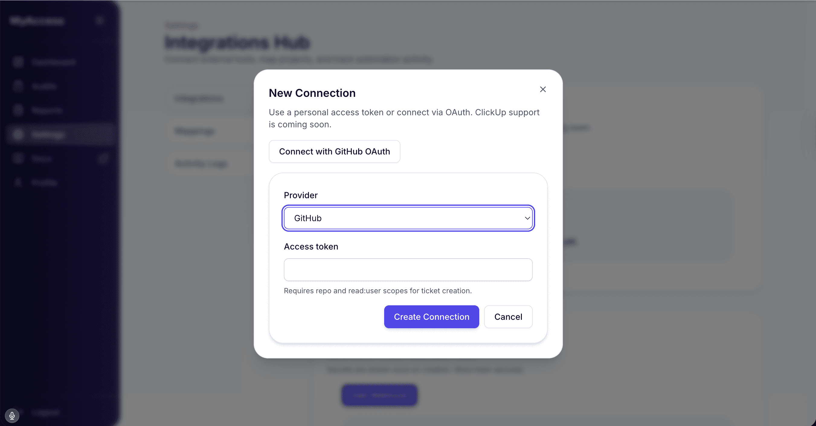 MyWeb Access integrations hub showing a new connection modal for GitHub and Jira.